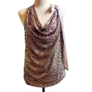 Ann Taylor blush colored sequined halter with satin shoulder tie   L